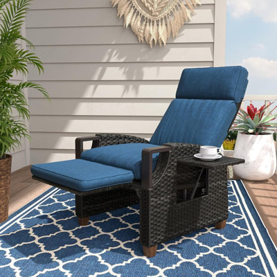 Grand patio Outdoor Recliner with Independent Adjustable Back and Footrest, Air Pump 150° Lay Flat Reclining Chair Removable Olefin Cushion Flip-Up Table Wicker Peacock Blue