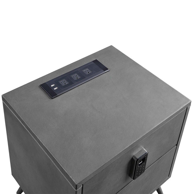 Table de chevet Doris avec serrure USB et électrique, cuir fleur gris
