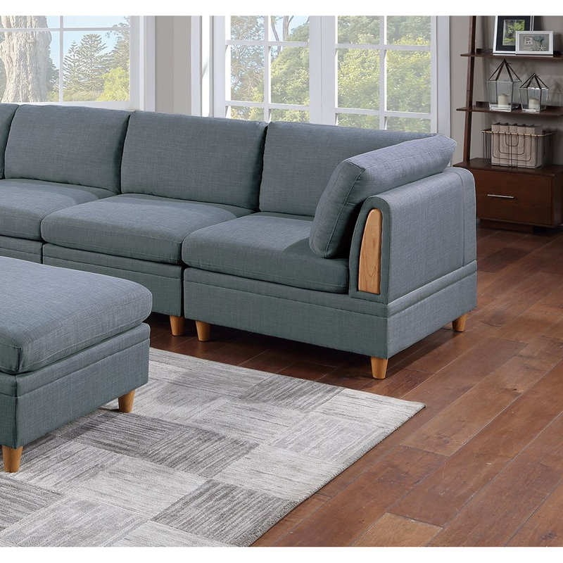 6Pc Modular Sectional Couch: Steel Grey Fabric For Living Room, 2X Wedges, 3X Armless Chairs, : Space, 1X