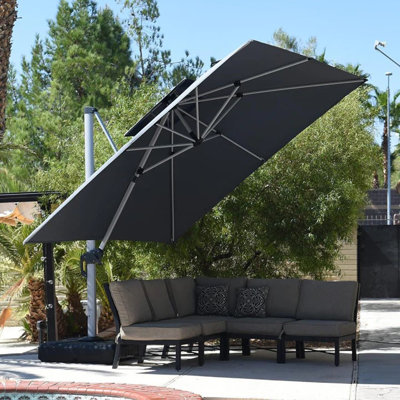 Parasol d'extérieur carré en porte-à-faux double 12 pi avec base et housse de parasol, gris