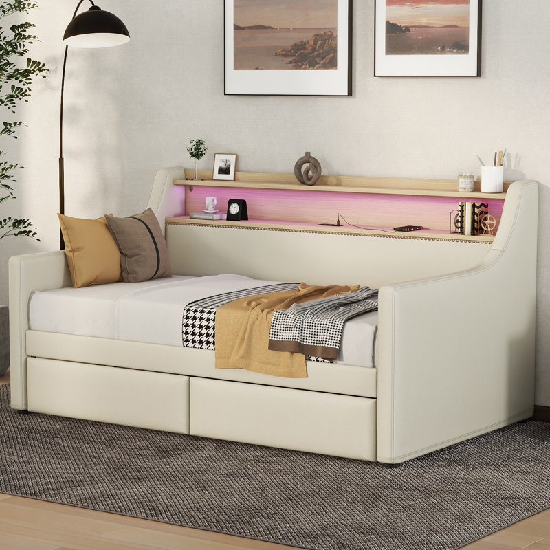 Lit de jour simple rembourré avec lumières DEL Wingo, Beige