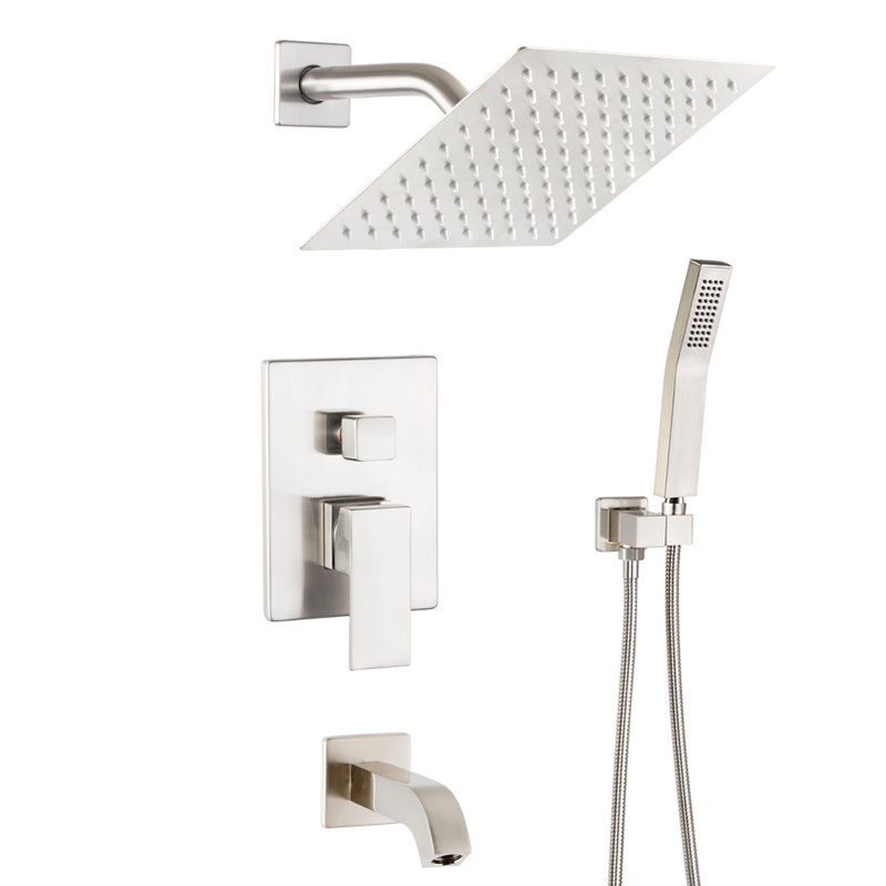 Système de robinet de salle de bain. Robinet de douche à pluie avec bec de baignoire et pomme de douche à main, Nickel brossé