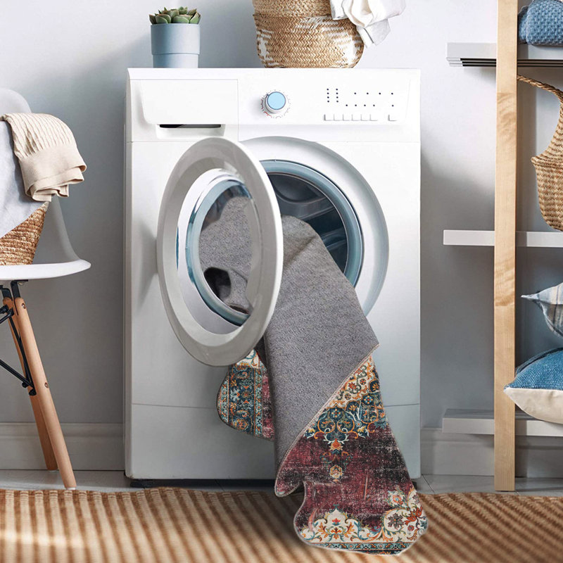 Tapis lavable ivoire et bourgogne tissé à la machine, Rectangle 3 pi x 5 pi