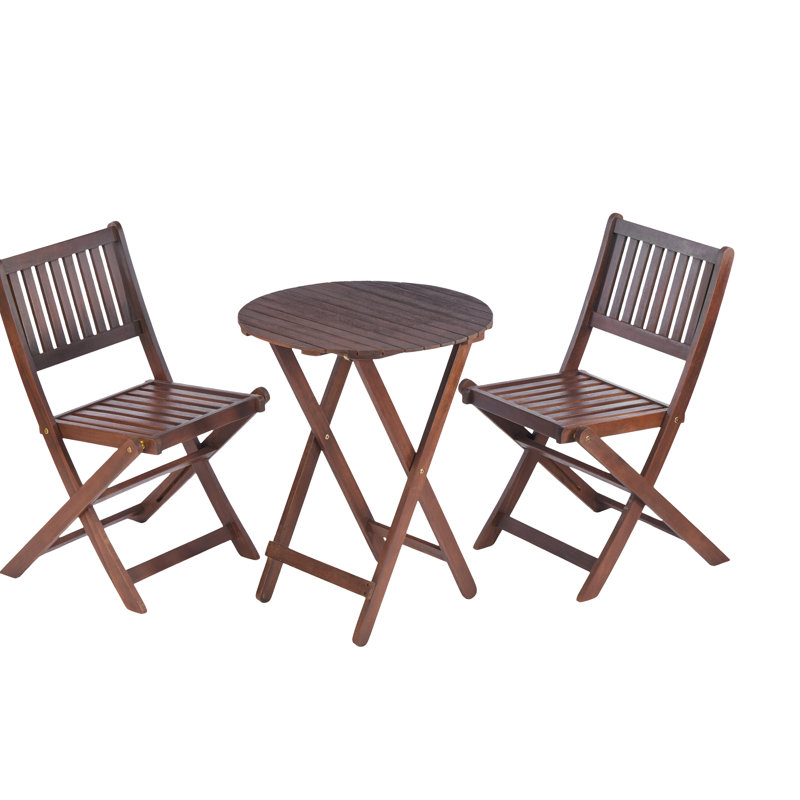 Wood 3 Bistro Patio - Folding Chairs & Coffee Table For Gardens, Backyards, Balconies, Porches, Elegant Brown Natural Stain Finish