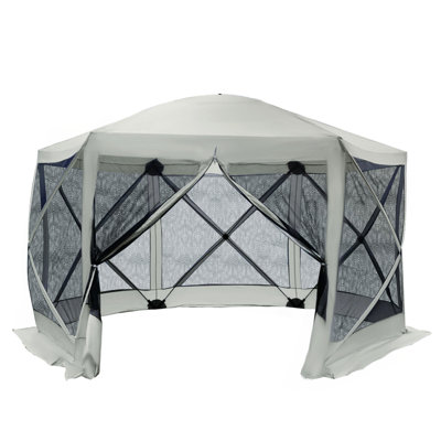 6-Sided Hexagon Pop Up Party Tent Gazebo With Mesh Netting Walls & Shaded Interior, 12' X 12', Beige