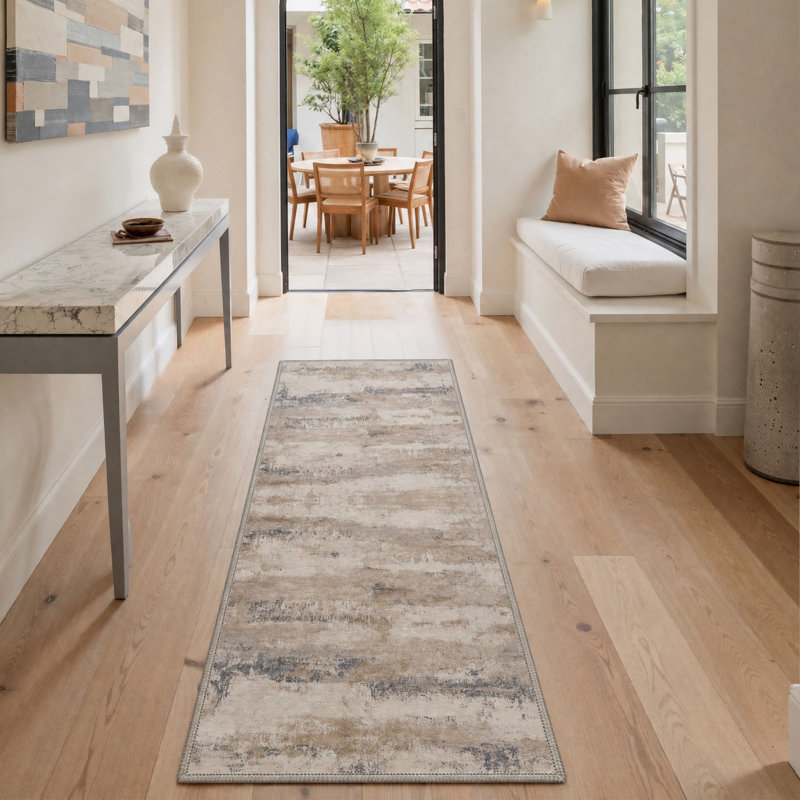 Tapis de couloir abstrait beige / taupe lavable à la machine Amald, Tapis de couloir de 2 pi x 7 pi
