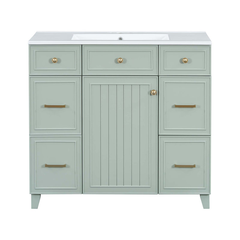 Meuble-lavabo 36 po avec lavabo en céramique, structure en bois massif, portes à fermeture en douceur, tablettes réglables, 3 tiroirs, y compris un tiroir à double profondeur pour le rangement du sèche-cheveux