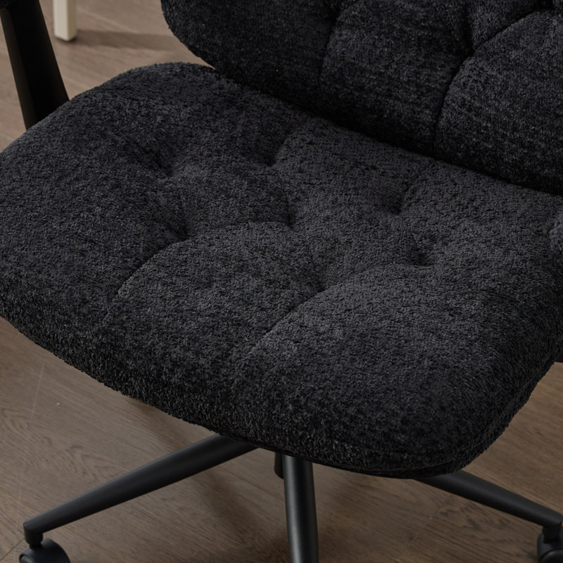 Cross-Legged Wide Seat Office Chair with Flip-Up Armrests, Swivel Wheels & Adjustable Height, Black, Black