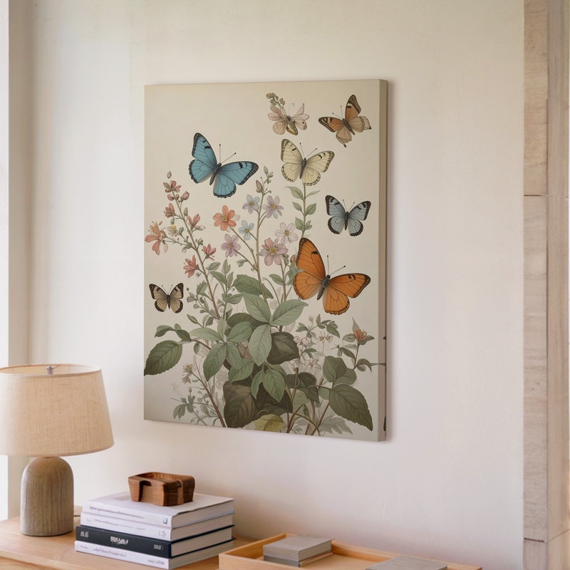 Toile, art mural, composition botanique délicate où plusieurs papillons de différentes tailles et couleurs sont prêts à être suspendus