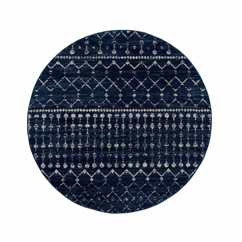Dounia Transitional Performance Navy Blue/White Area Rug, Round 7'10"