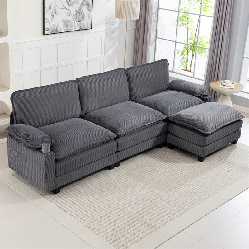 113" Modern L-Shaped Corduroy Fabric Sofa