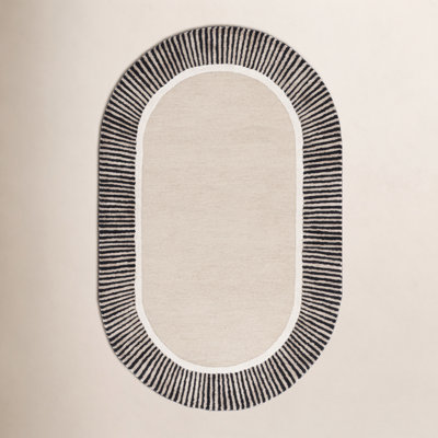 Beige Black Hand-Tufted Striped Wool Rug