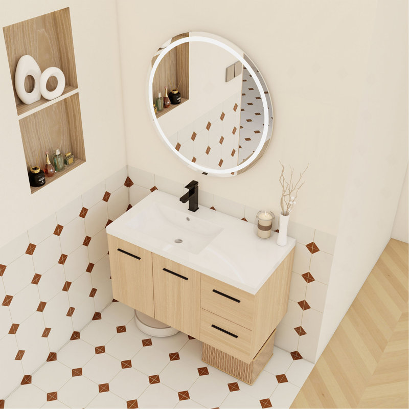 Ensemble de meuble-lavabo flottant mural 36 po avec lavabo 36 po, chêne clair, 2 portes et 2 tiroirs, plateau lavabo en gel, 3 boîtes