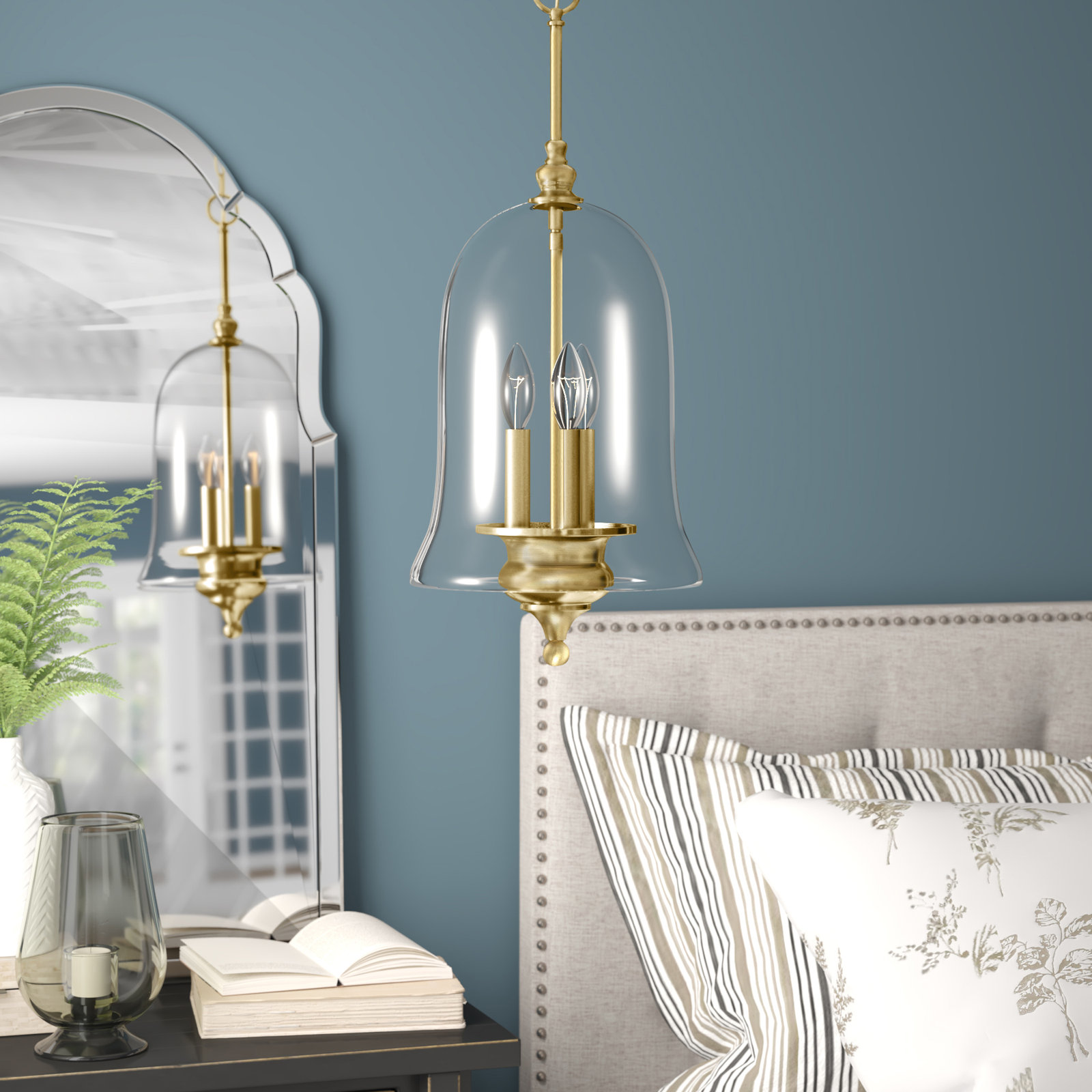 Laurel 3 Light Glass Steel Dimmable Pendant, Natural Brass