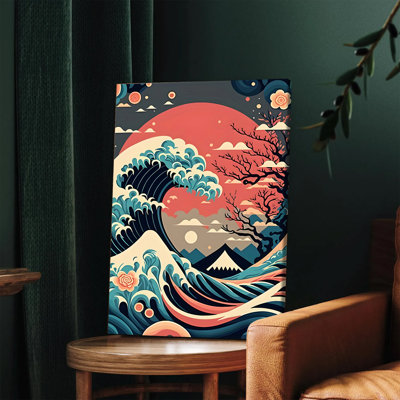 1 pièce, art mural, affiches encadrées, art japonais de vague rétro, impression sur toile, océan oriental traditionnel, peinture avec soleil rouge et paysage de montagne pour le salon, chambre à coucher, décoration murale, style asiatique moderne, décoration de la maison