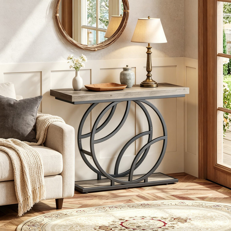 Table d'entrée 41,3 pouces, console moderne avec tablettes, structure en métal en forme de O, finition grain de bois gris, pour le couloir, l'entrée, le vestibule, le salon