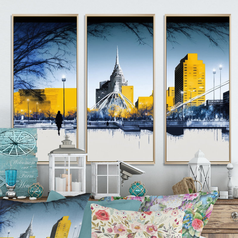 Winnipeg Skyline Of City I - 3 pièces sur toile, H 32 po x l 48 po x P 1 po, Cadre naturel flottant
