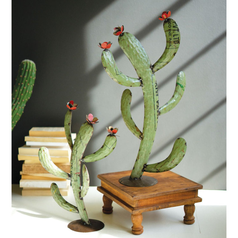 Ensemble de 2 sculptures en métal de cactus en fer recyclé H 26 po Kalalou