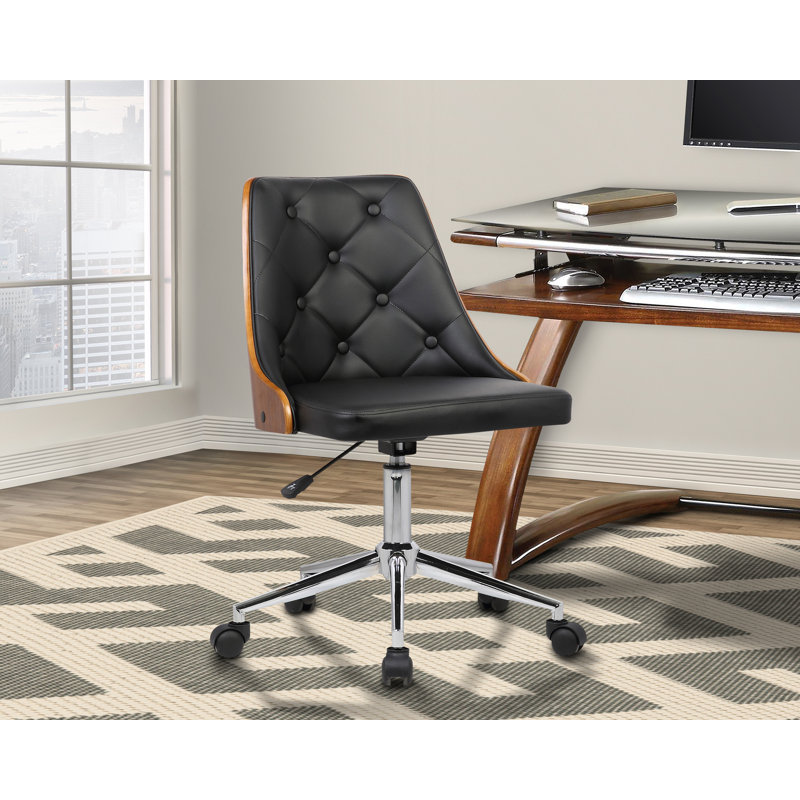 Easthampton Mid-Century Office Chair in Tufted Black Faux Leather, Chrome Finish and Walnut Veneer