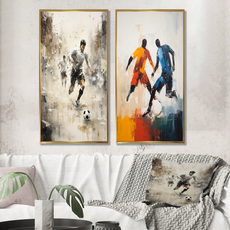 «Grey Minimalist Soccer Encounter I», ensemble de 2 décorations murales de soccer, Cadre flottant doré, H 28 po x l 25 po