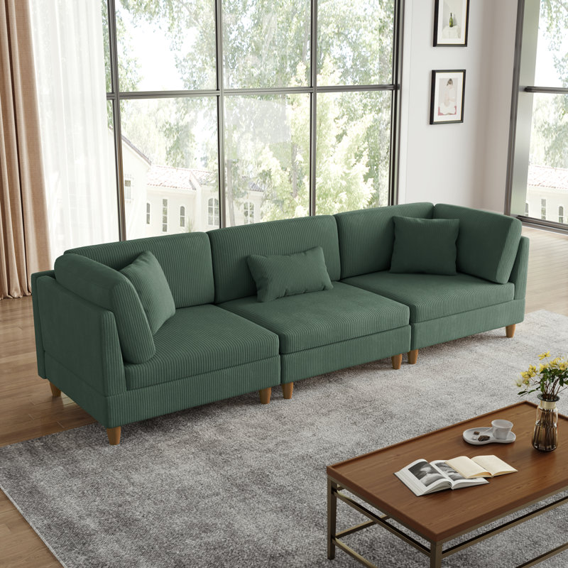 Seemab 3 - Piece Upholstered Hunter Green Corduroy Modular Sectional with Pillow Back and Solid Wood Legs, Hunter Green