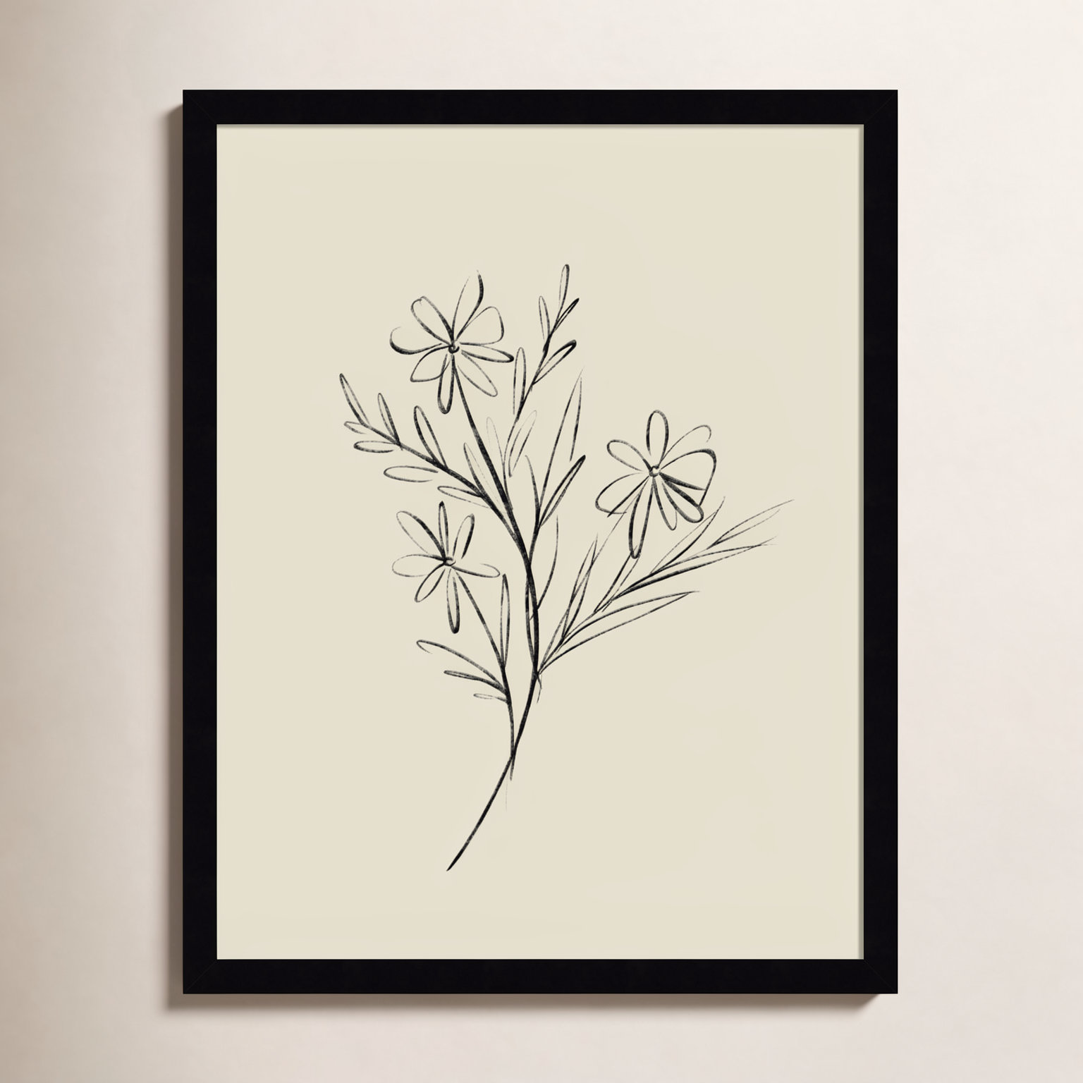 Line Drawn Flowers 1 Print, Black Framed, 17" W x 21" H x 1" D