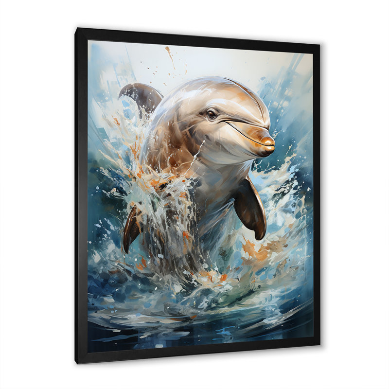 Dolphin Elegance - Art mural dauphin, H 44 po x l 34 po x P 1,5 po, Cadre simple noir
