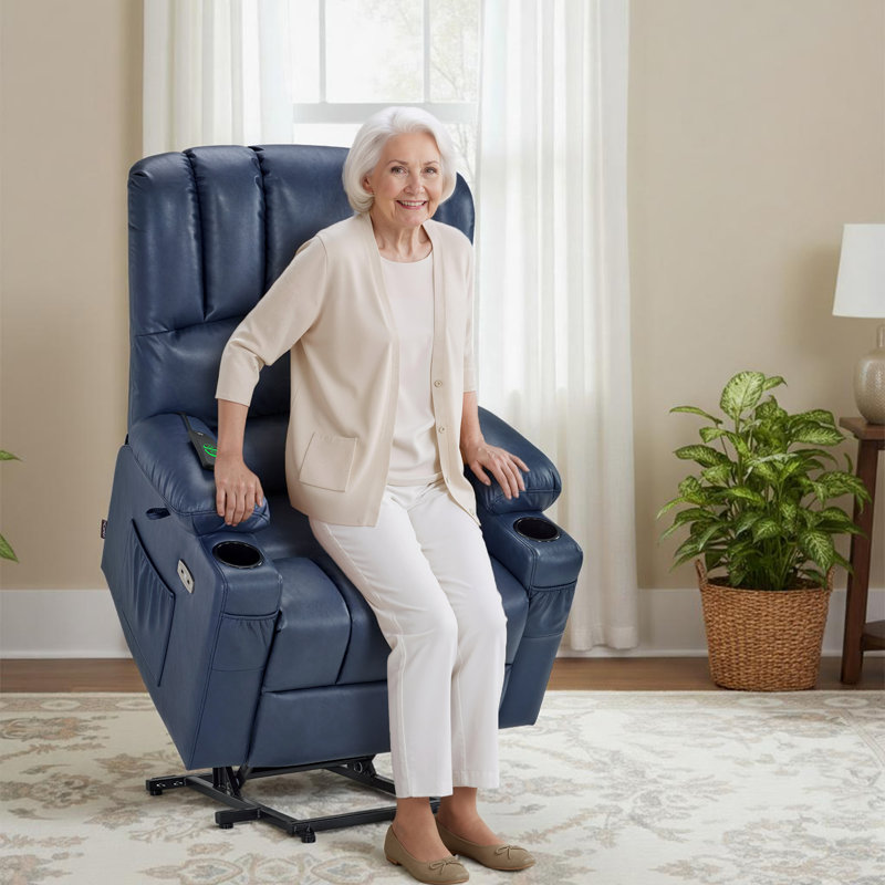 Power Recliner Lift Chair with Heat and Vibration Massage, Faux Leather, Blue