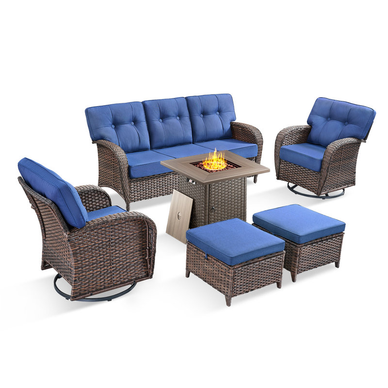 Fiorillo 6-Piece Wicker Rattan Patio Conversation Set With Square Fire Pit Table And Swivel Chairs, Blue