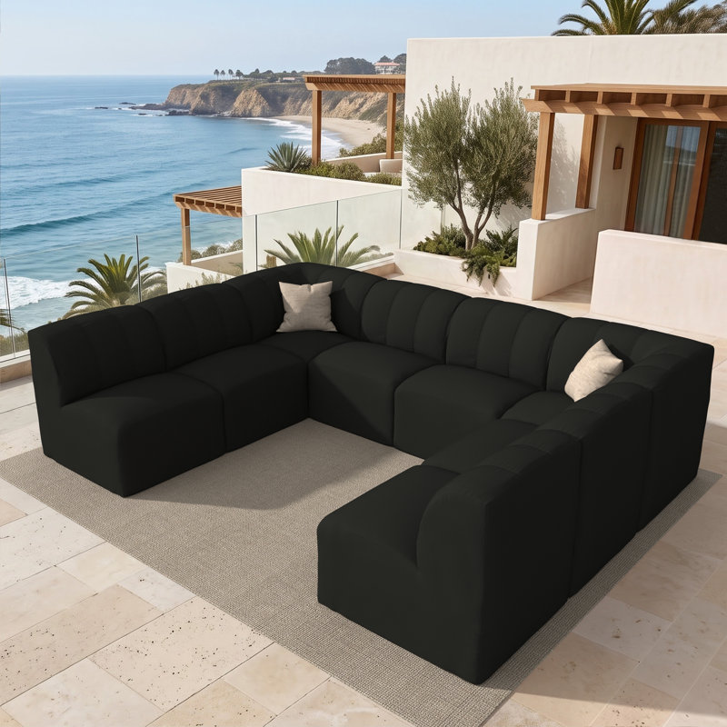 Praia 8-Piece Modular Upholstered U-Shaped Sectional Sofa Set with Sunbrella Cushions, Canvas Black Sunbrella® Canvas