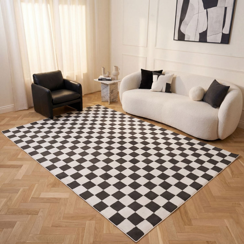 Loft Modern Checkerboard Living Room Area Rug and Runner Soft Pile, Runner 80 x 300 cm, Dark Grey/Ivory