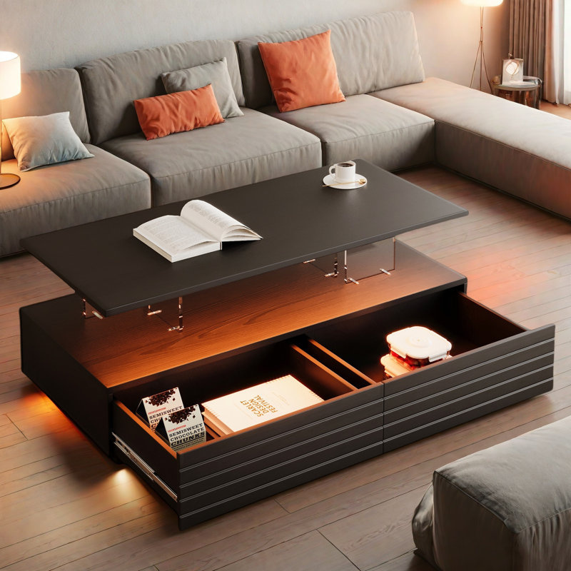 Modern Rectangular Coffee Table With Led Lights, 2 Drawers And Open Storage Shelf, Black