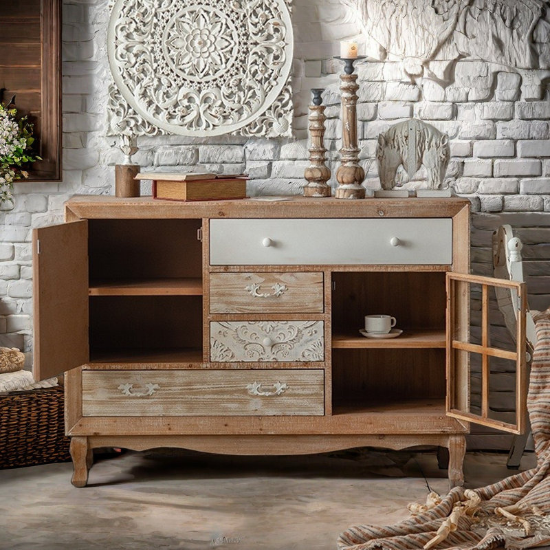 Rustic Retro Solid Wood Carved Accent Cabinet