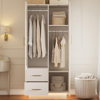 Armoire contemporaine à 2 portes en bois - porte vitrée, tringles suspendues, 2 tiroirs, base stable, armoire de rangement haute pour chambre à coucher et salon