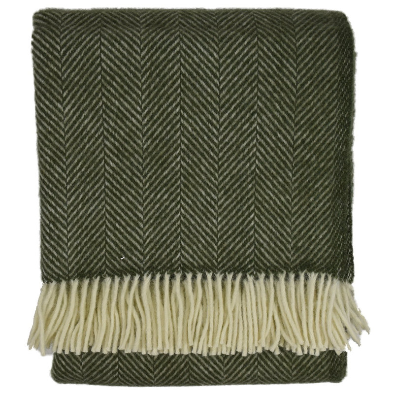 Evergreen Herringbone Pure Wool Throw Blanket with Fringe