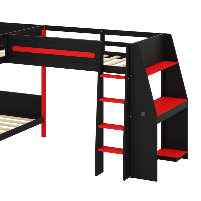 Gaming Triple Bunk Bed With Desk & LED Light & Storage Shelves,Wooden Twin Size L-Shaped Bunk Bed Frame With 3 Beds