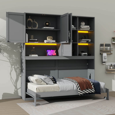 Lit escamotable simple de taille simple avec armoire murale, tablettes, conception pliable peu encombrante avec éclairage et connectivité USB