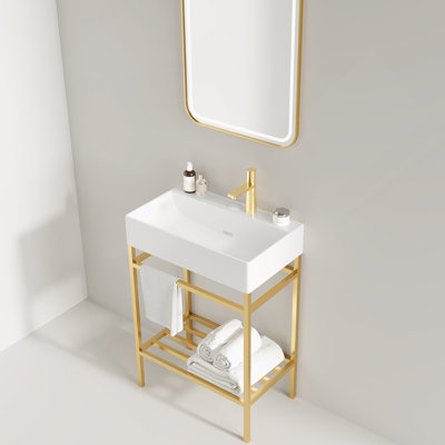 24" Bathroom Vanity With Ceramic Basin, Freestanding Bathroom Console Sink Set, Glossy White Rectangular Ceramic Basin Without Faucet, Open Metal Leg, Storage Shelves, Gold