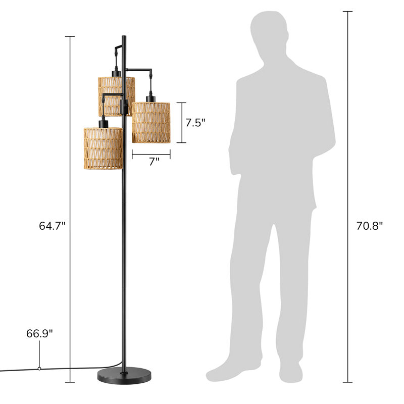 65" Rattan Tree Floor Lamp with Dimmer Switch and 3 Bulbs Included