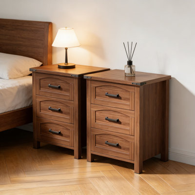 Table de chevet Farmhouse, ensemble de 2 avec station de charge, table de chevet rustique avec ports USB et Type-C, 3 tiroirs, table de bout en bois massif pour la chambre à coucher
