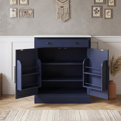 Buffet autoportant moderne en bois avec plateau en faux marbre, tablettes réglables et tiroir