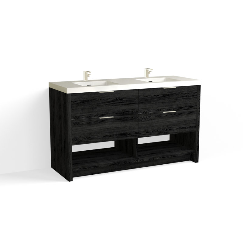 Vue 60" W Freestanding Double Bathroom Vanity, White Nanomatte, Matte Black, Glossy White/8" Widespread