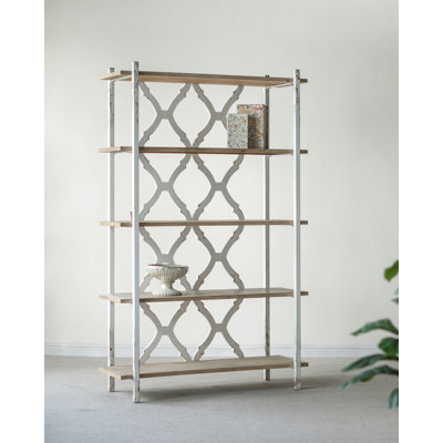 47x16.5x75" Five-tiered Wooden Shelving Unit With Ornate Cut-out Design, Brown/white