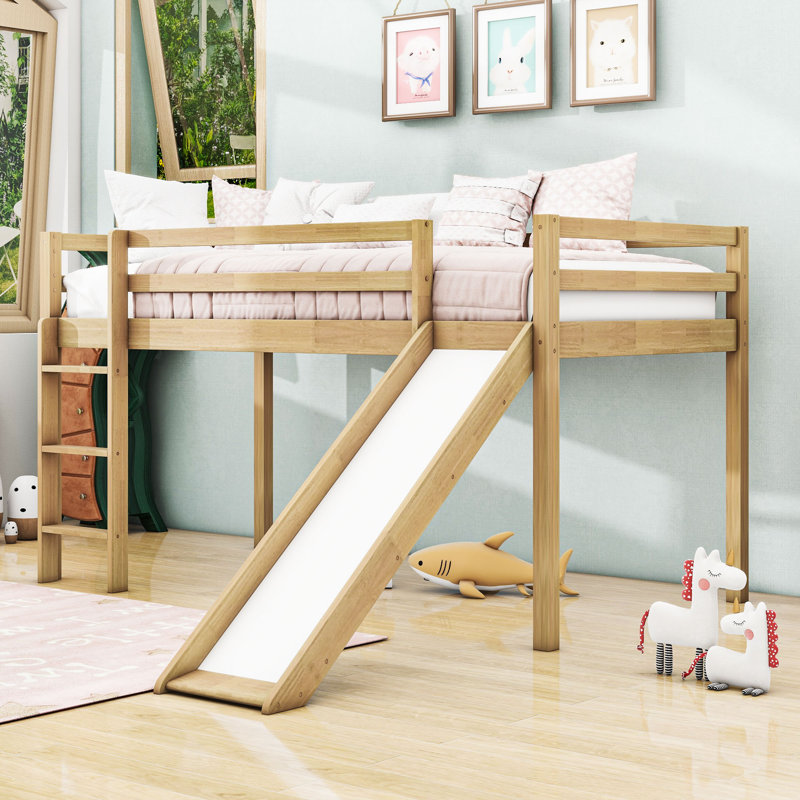 Twin Wood Low Loft Bed With Slide, Ladder And Guardrails, Natural