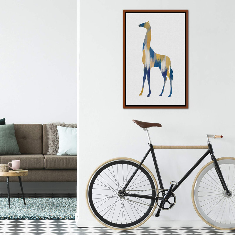 Girafe bleue et jaune - impression, H 40 po x l 26 po x P 1,5 po, Toile avec cadre en bois classique