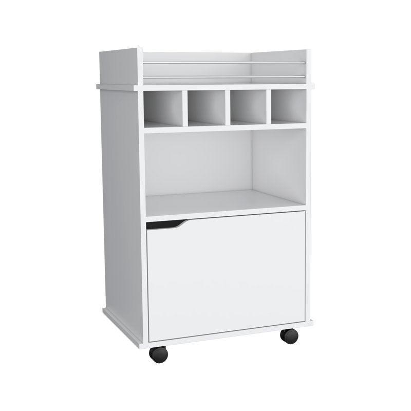 Modern Bar Cart with 2 Open Shelves  4 Cubbies and Cabinet, White
