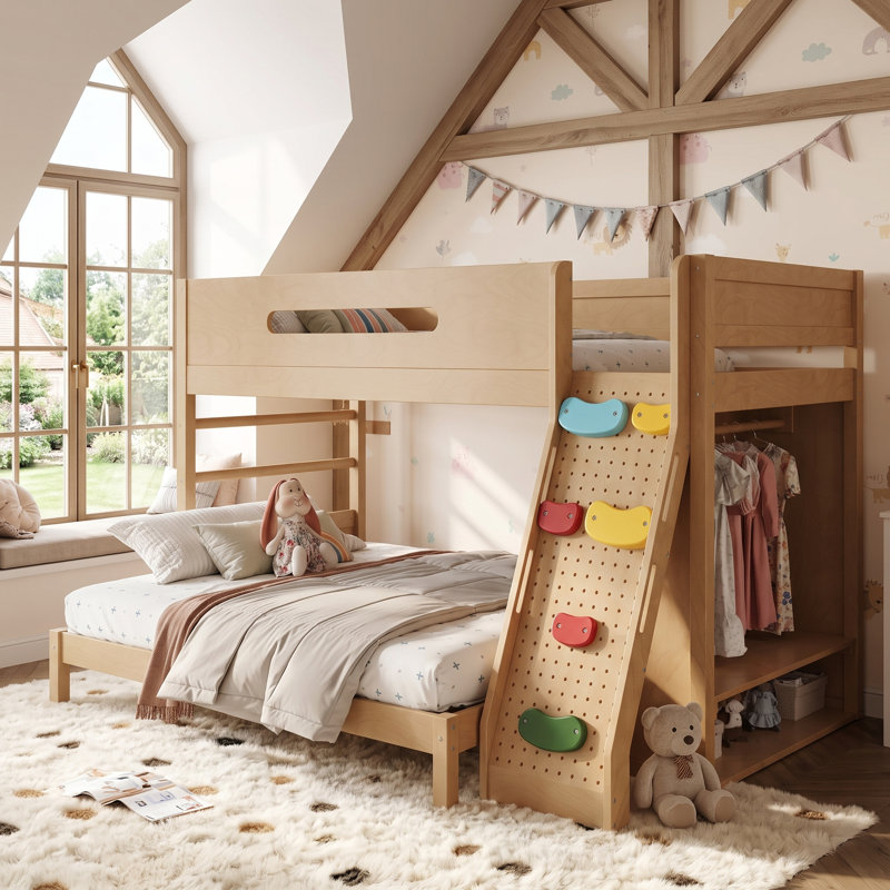 Lit superposé Benedict Kids avec garde-robe intégré, espaces de rangement et conception ludique d'escalade - Fabrication en bois massif pour la sécurité et le plaisir