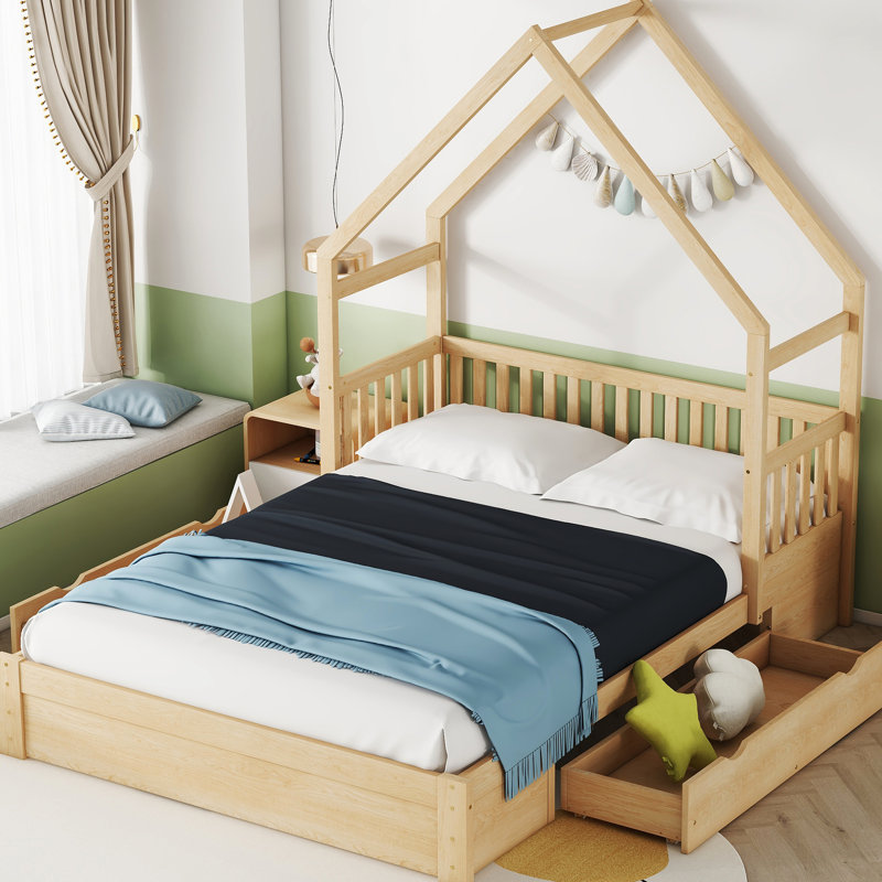 Grand lit plateforme en bois naturel avec garde-corps et 2 tiroirs spacieux, Naturel