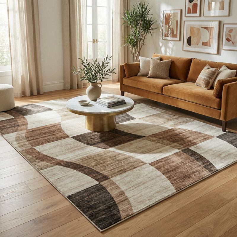 Rug Branch Theo 4' x 6' (3'11" x 5'10") Brown/Beige Checkered Area Rug, Contemporary, Medium Pile, Stain-Resistant Carpet - Living Room, Bedroom, Dining Room, and Kitchen