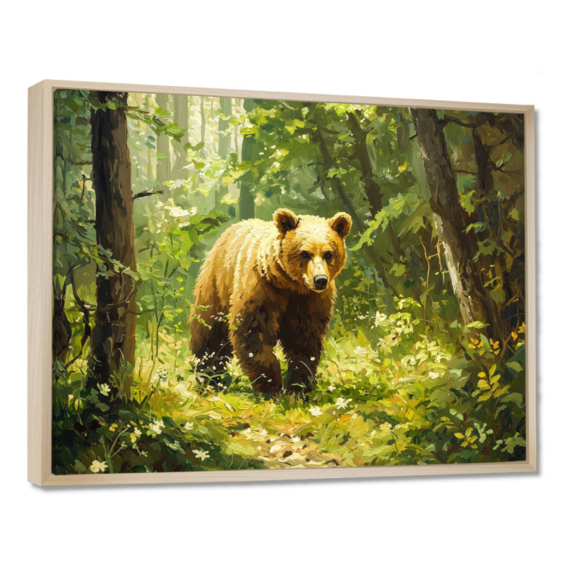 Ours dans la forêt du printemps I - art mural ours, H 12 po x l 20 po, Cadre flottant, Noir